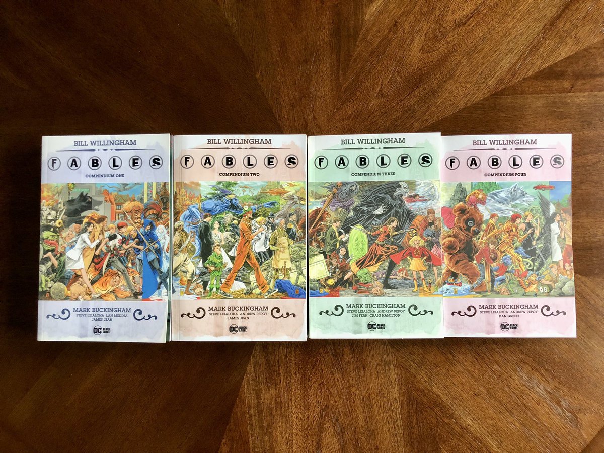 BillWillingham's tweet image. All four Fables compendiums exist now. I’m not sure when the fourth one hits the stands, but my copies arrived yesterday. Yes, I checked to make sure issue 150 was included - even the fold-out pages.