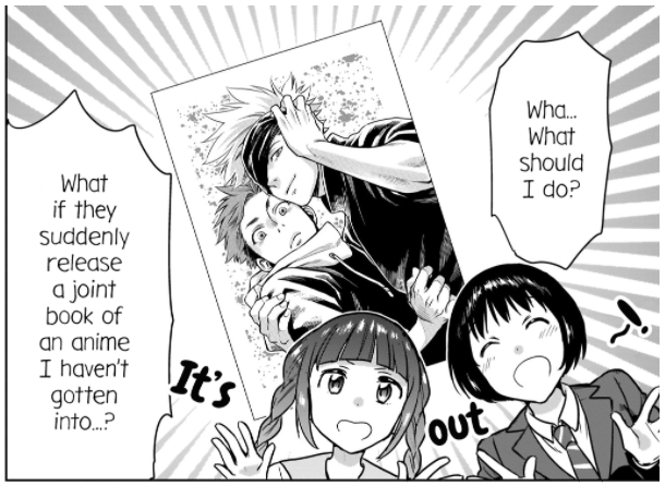 Yuu3X's tweet photo. An actual manga (Kami eshi JK to OL fujoshi) showing goyuu omg. Even if it's not JJK official, just looking at how close they are and aaaaaaaaaa so cute //touched https://t.co/edZBeE8DSU
