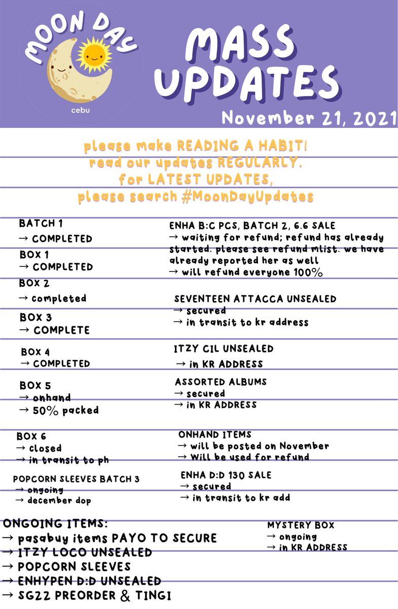 moondaycebu's tweet photo. #MoonDayUpdates
mass updates as of November 21
will continue booking ggx deliveries, pick up will be made tomorrow 😊 https://t.co/TKPnMGEVMM