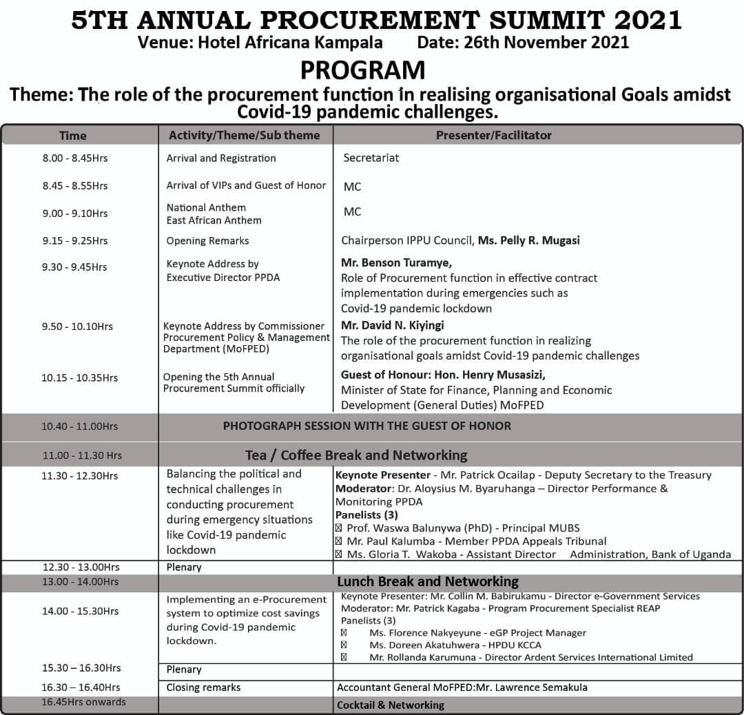 ProcuremateU's tweet photo. #ProcurementEvent The 5th Annual Procurement Summit 2021 themed โ The role of the Procurement Function in realisin organisational goals amidist Covid19 pandemic challengesโ happening on 26/11/2021 @HotelAfricana courtesy of IPPU.@PPDAUganda @fnakyeyune1 https://t.co/X1pUfEcEDa