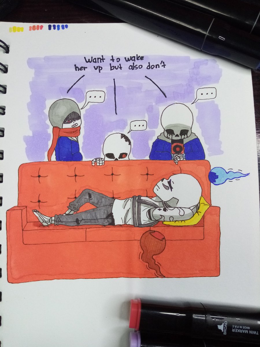 Lilacphantom1's tweet photo. Character:
Lilac (mine)
Killer (rahafwabas)
Dust (calvateyla)
Horror (sour-apple-studios)

The wait for lilac to wake up cus they wanted to watch tv on the sofa, they scare to wake her up so they had to wait XD https://t.co/cHDcAgzCB5
