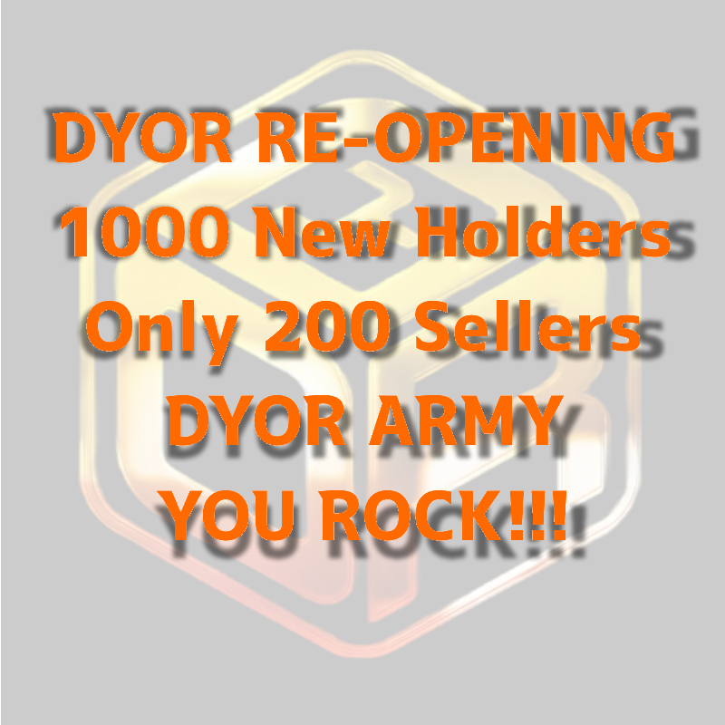 Huge thanks to the DYOR community for giving us such support during our reopening!  We gained almost 1,000 holders! In every increment of 000s, we gained. Just a handful of whales left us! 
DYOR Army, YOU ROCK!
$DYOR #DYOR #DYORTOKEN <a href="/Striking_Balls/">Striking - DYOR Media Host</a>