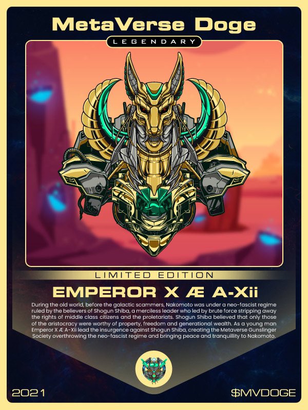 MetaverseDoge_'s tweet photo. Behold, Emperor X Æ A-Xi #NFT. Pretty metal, right? @elonmusk @Grimezsz 
Available for purchase after launch. Don’t miss out! Presale November 22nd and launch November 23rd.
Go take a look at our other NFTs on our website!

#Metaverse #dogecoin #dogearmy #BSCGem #Binance https://t.co/c43GaoKJOB