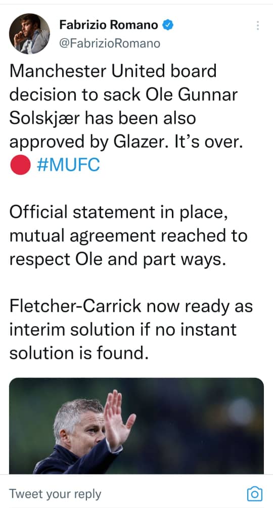 KampalaReport's tweet photo. Italian Sports Journalist @FabrizioRomano wrote, "Manchester United board decision to sack Ole Gunnar Solskjaer has been also approved by Glazer. It's over". #Solskjaer #Ole #OleOut #OleIn #SackOle @ManUtd #KampalaReport @theKRMedia https://t.co/sVeH7f8CCL