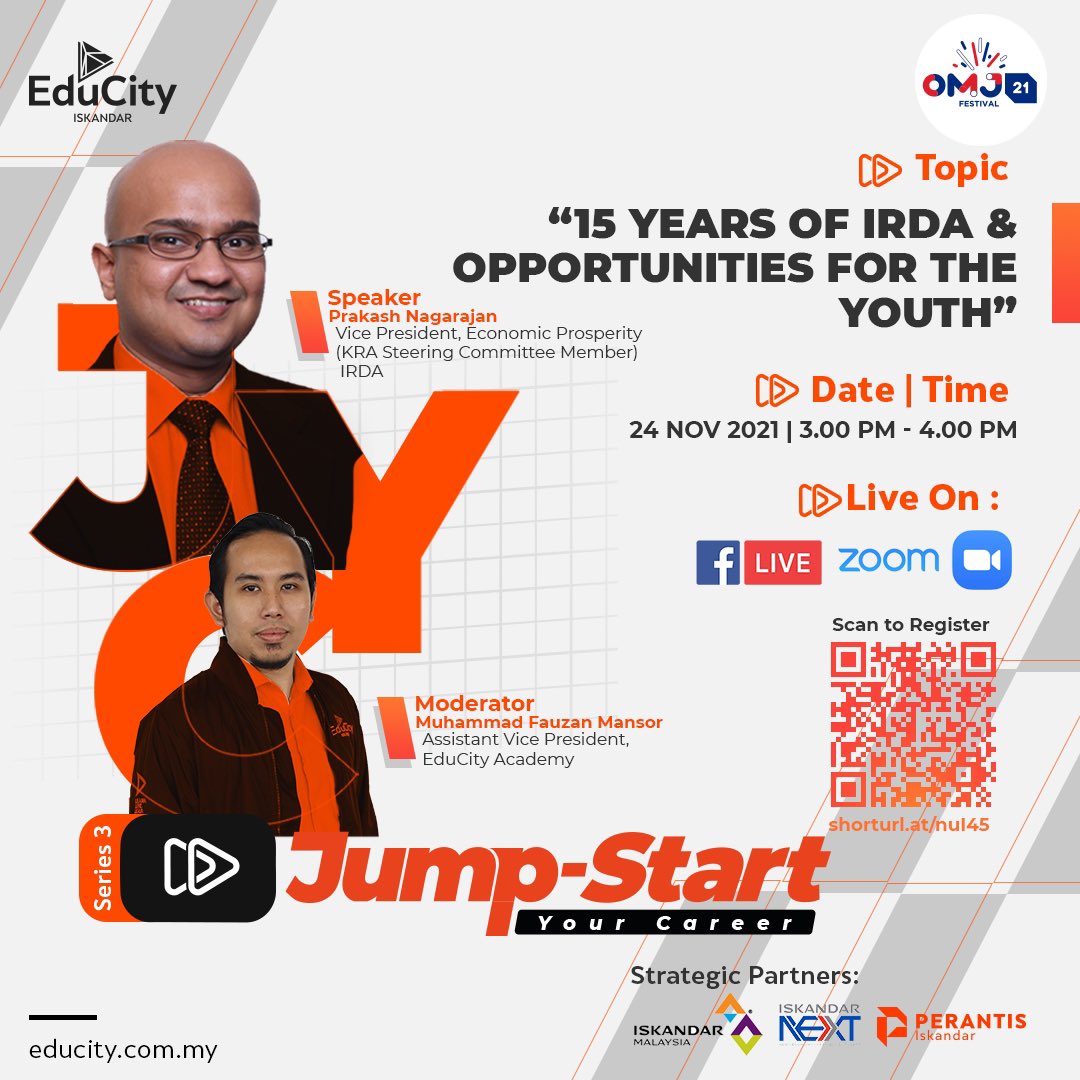 educityofficial's tweet image. Calling out for youth community! In conjunction with #omjfest2021, EduCity Iskandar is proud to bring back the third series of Jump Start Your Career (J.Y.C) happening on 24th Nov 2021, from 3 pm – 4 pm. 

Hurry and register now at bit.ly/3231frP 
#EduCity #omjfest21