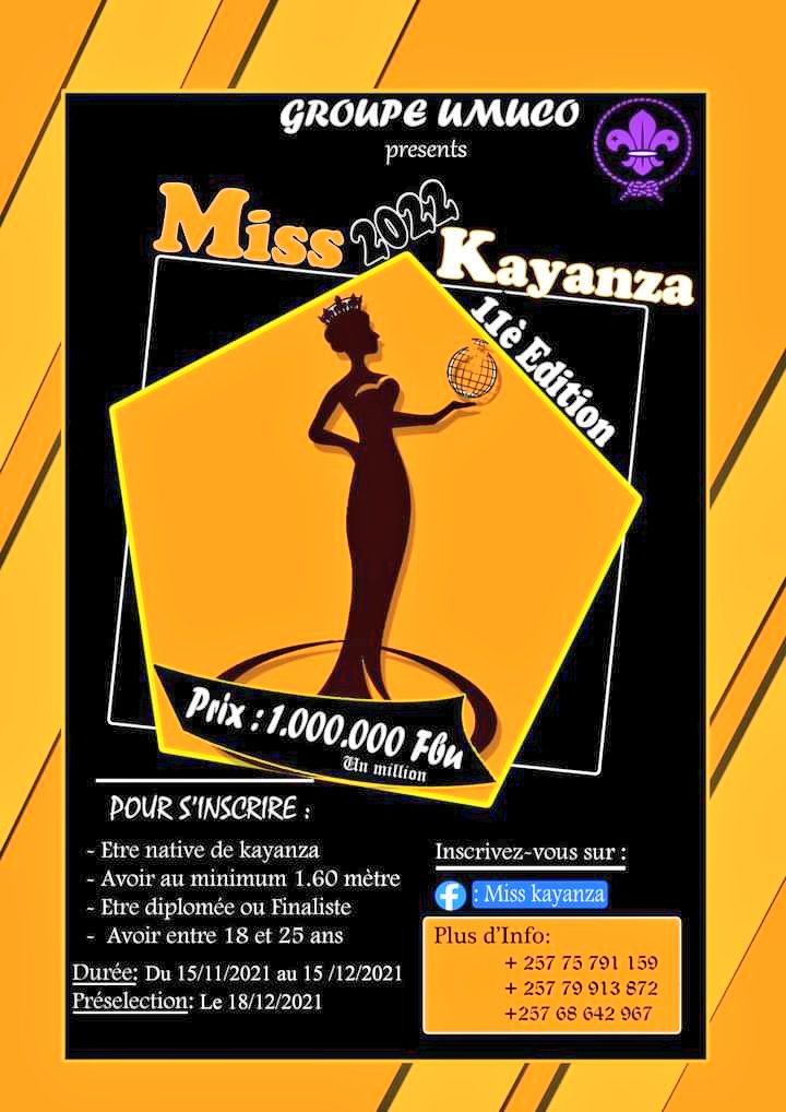 KayanzaProvince's tweet photo. #Burundi La compétition #Miss_Kayanza est de retour. Les inscriptions pour les filles désirant participer à cette compétition tant attendue ont débuté le 15 novembre courant et vont prendre fin le 15 décembre prochain. Pour plus d'infos, contactez le +257 79 913 872 (@nduwaremy). https://t.co/qF078t2kPK