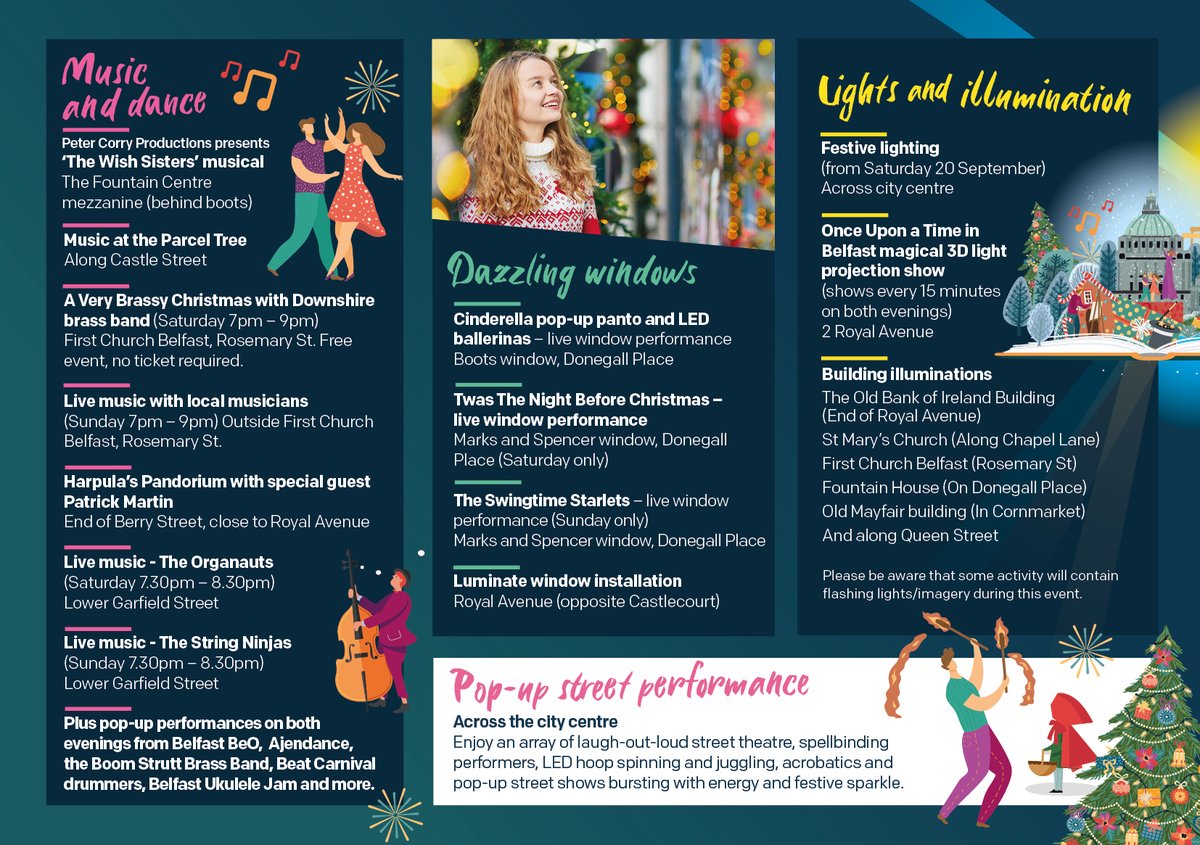 A quick recap of what's on tonight for our second Enchanted Evening, marking the countdown to Christmas! Most activities take place outdoors, so get wrapped up if you're coming into the city centre &amp; enjoy music, street theatre, a festive musical &amp; more! 6.30pm-9pm. #ComeOnIn