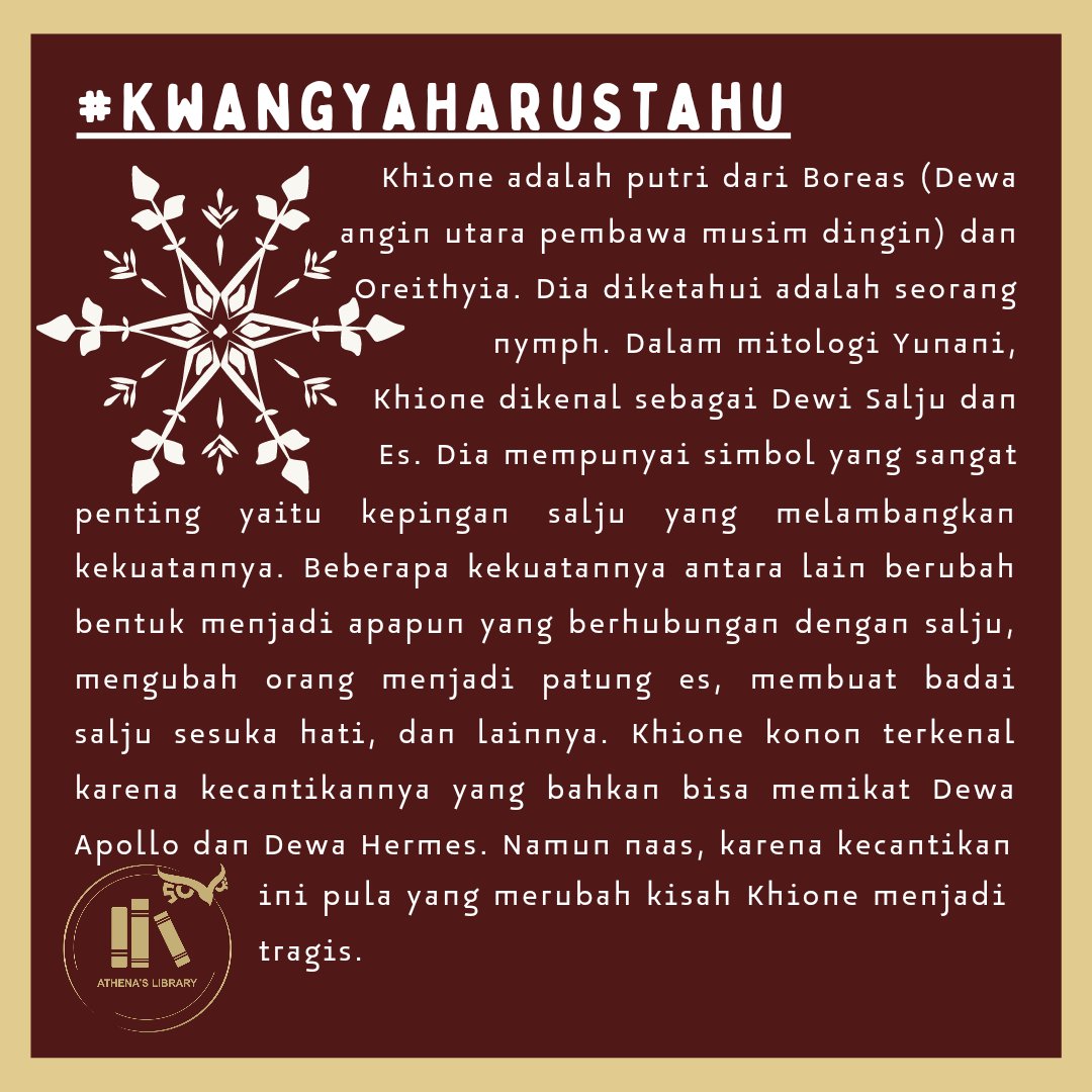 libraryofathena's tweet photo. Demigods, sekarang kamp sedang musim salju! Eits, tapi tahukah kalian, kalau salju yang kita lihat merupakan hasil kekuatan dari salah satu dewi? π±βοΈ
Kalau belum, yuk simak #KwangyaHarusTahu sore ini! βοΈποΈ
#FunFactLibthen
#WeFearNothingButMom https://t.co/XmaiVtAHMn