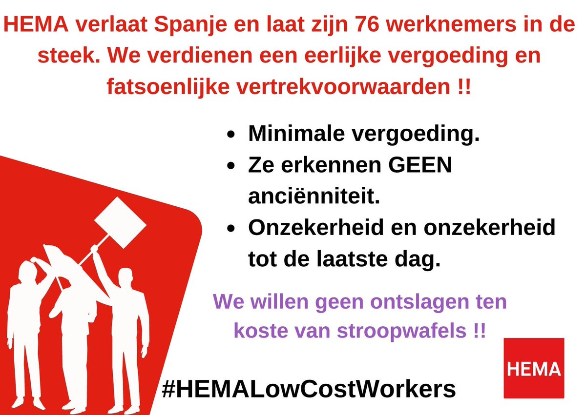 alonalonadri's tweet photo. Hey @HEMA !!
‼️ HEMA leaves Spain and foresakes 76 workers. We deserve a fair redundancy payment and decent termination conditions!! 
 ‼️ @HEMA doesn't recognize our seniority and wants to pay us the lowest redundancy pay possible.
#HEMALowCostWorkers https://t.co/y0hggEE5ox