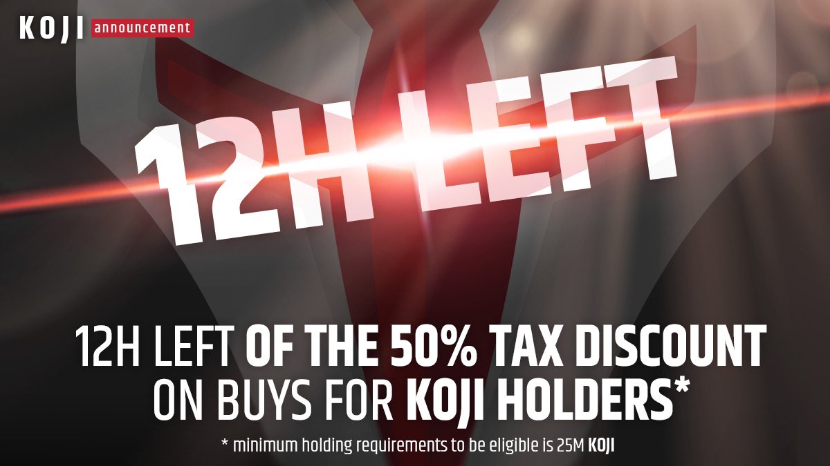 kojiearth's tweet photo. 12 hours left on our #discountsunday
$KOJI holders above 25M gets a 50% discount on the buy tax!
Come grab some $KOJI!
#BSCGems #BSC #Crypto #NFTs #nextgem #hiddengem #charity https://t.co/CXSJrJwAux