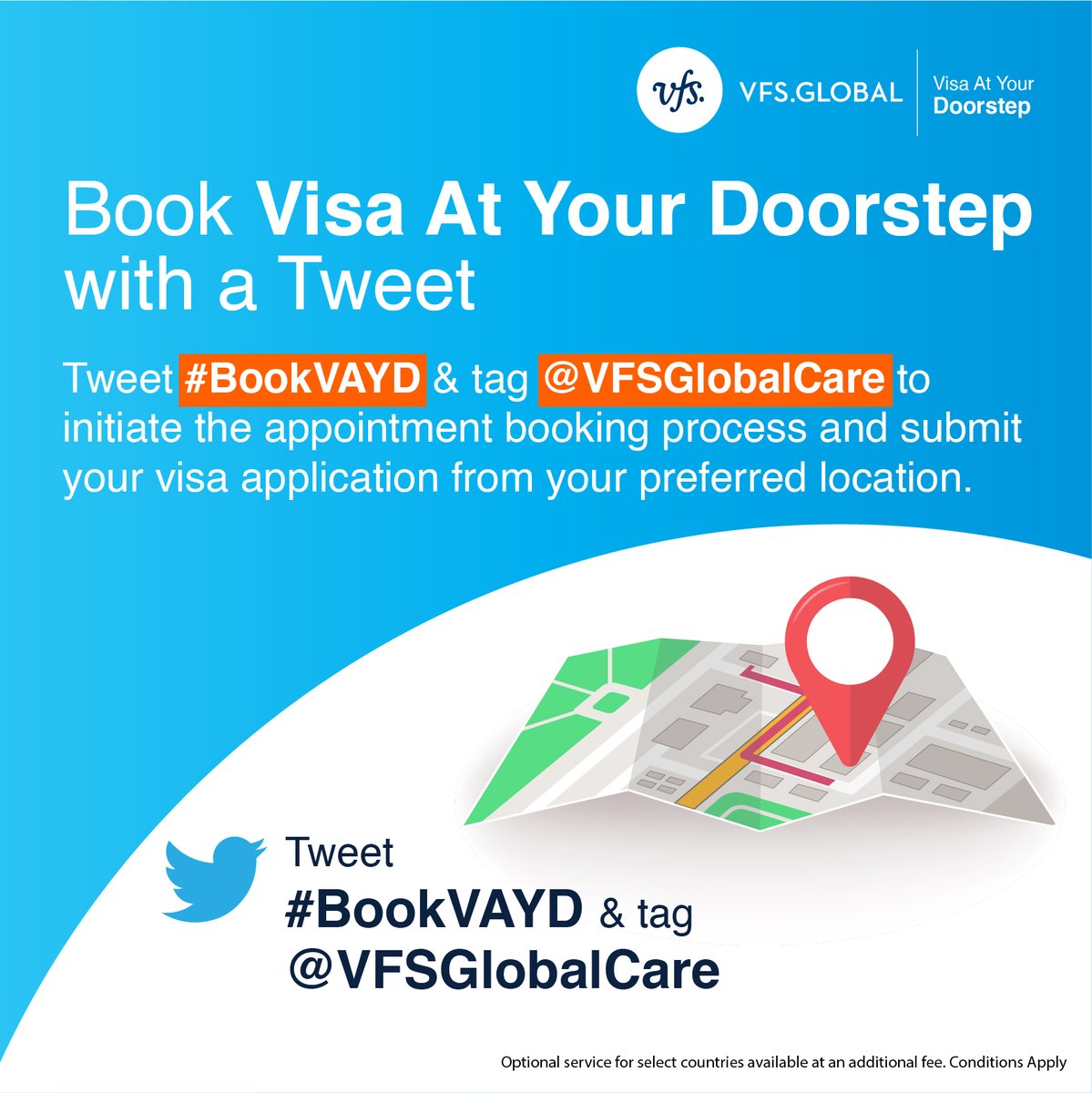 VFSGlobal's tweet photo. Our optional Visa At Your Doorstep service is just a tweet away. Our experts will visit your preferred location and ensure you have a safe and smooth visa application. Go on & tweet #BookVAYD @vfsglobalcare. https://t.co/ZLqDfVXgjR