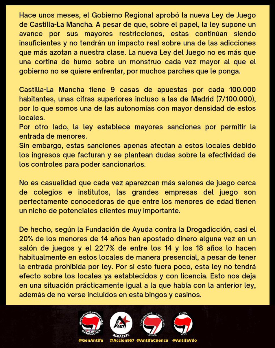 GenAntifa's tweet photo. Desde los distintos colectivos antifascistas de Castilla-La Mancha lanzamos esta campaña contra la lacra de las casas de apuestas.

El juego que los enriquece condena a la clase obrera. 

¡NI UNA CASA DE APUESTAS EN LOS BARRIOS OBREROS! https://t.co/JcOSfA32UP