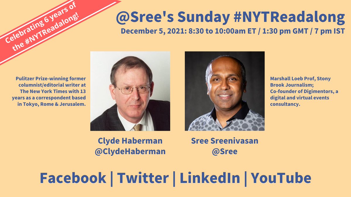 18/x I will be guest hosting @Sree's Sunday #NYTReadalong at 8:30am ET / 7:30am CT. Joining me are @kayewhitehead and @WorldProfessor to talk about #RittenhouseVerdict #1619Project #CriticalRaceTheory and more. Details / Links 👇 Dec. 5: @ClydeHaberman twitter.com/neilparekh/sta…