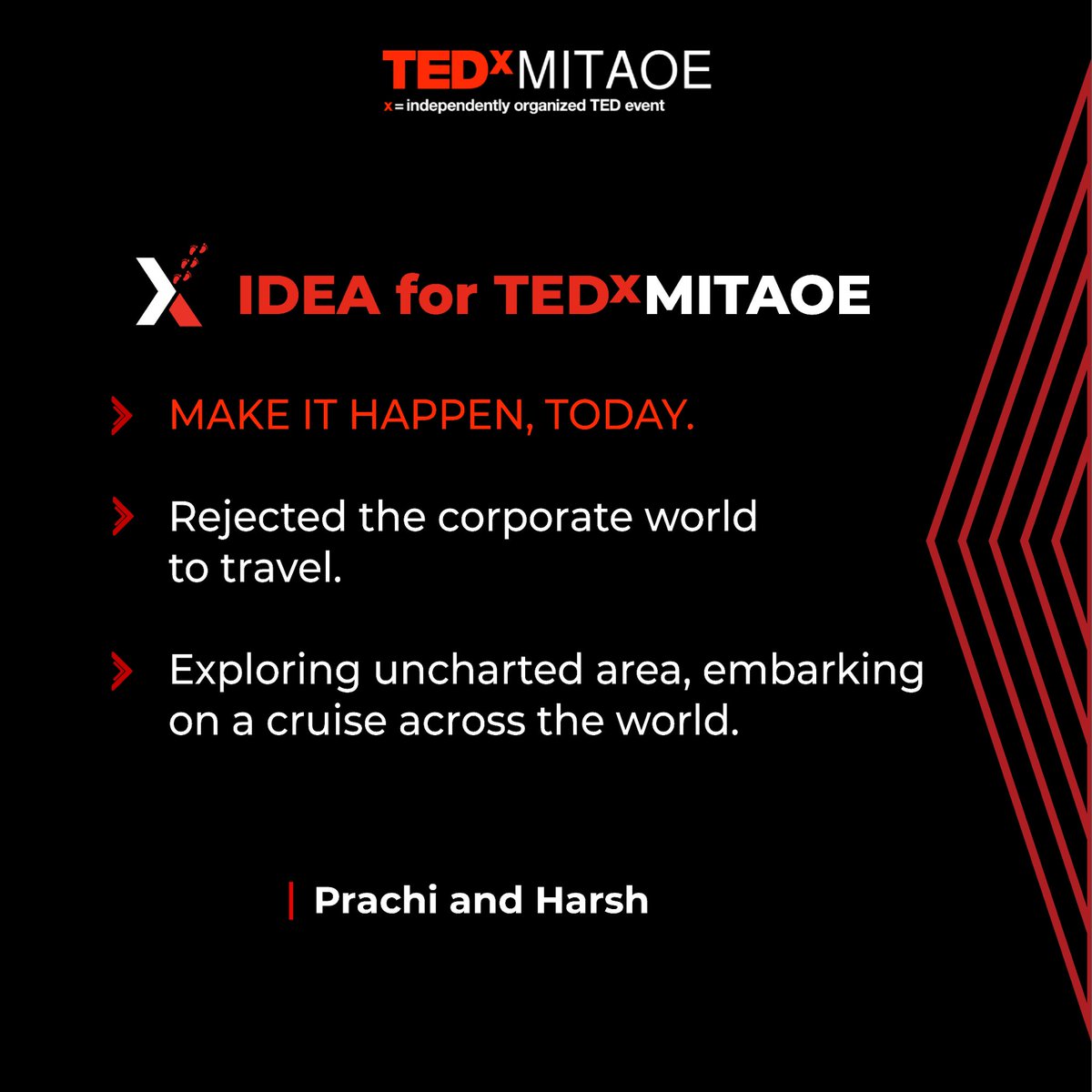 TEDxMITAOE's tweet photo. Speaker Announcement 2 🥁📢: Harsh and Prachi (twoticketstofreedom).

They are travellers, exploring the world together.

They will be sharing their thoughts and experiences on “Make it Happen, Today!”

#TEDxMITAOE #tedxgateway #idea #ted #tedxtalks2021 #tedxspeaker #travellers https://t.co/vl9v8TVB4w
