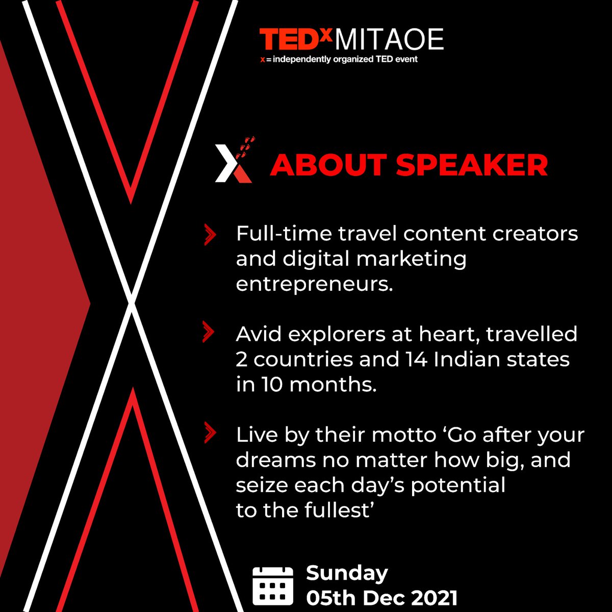 TEDxMITAOE's tweet photo. Speaker Announcement 2 🥁📢: Harsh and Prachi (twoticketstofreedom).

They are travellers, exploring the world together.

They will be sharing their thoughts and experiences on “Make it Happen, Today!”

#TEDxMITAOE #tedxgateway #idea #ted #tedxtalks2021 #tedxspeaker #travellers https://t.co/vl9v8TVB4w