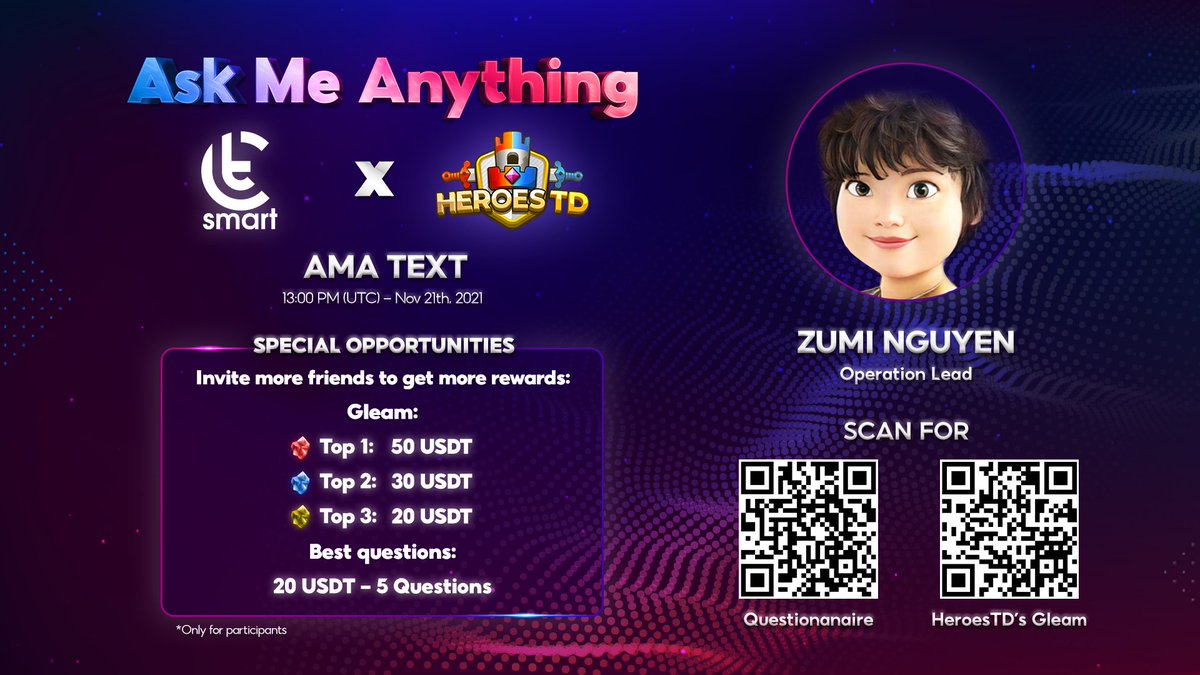 heroes_td's tweet photo. Join our AMA with CT Smart at 8 PM (GMT +7) - November 21, 2021.
✨ Gleam: https://t.co/DeCk6S6BxV
🏆Join and claim BOUNTY at: https://t.co/Y9TjUlPIvb
#heroestd #nftgame #ctsmart https://t.co/bx3m0ePiSB