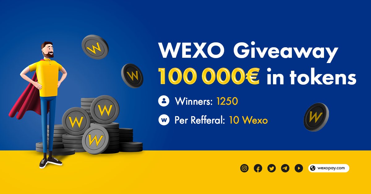 🚀 Wexo Airdrop
💰 Value: 100,000€
👥 Referral: 10 Wexo (TOP 100 refferals = 100 Wexo)
🏆 Winners: 1250
📒 Partnerships: Blockain Legal, CRYPTON DIGITAL, Hundred Spires
📅 End Date: 24st December, 2021

Talk with the Telegram Bot
t.me/WexoAirdropbot

#Airdrops #Crypto #Wexo