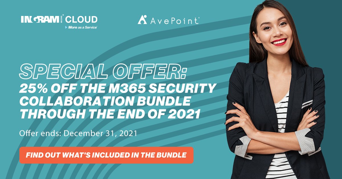 IMCloudMETA's tweet photo. Special offer for customers looking to get serious about collaboration security. Receive 25% off of our @Microsoft365 secure collaboration bundle from @AvePoint when you buy 50 seats or more. Check out details here https://t.co/dnikI9HrP3 https://t.co/SJjObimmDv