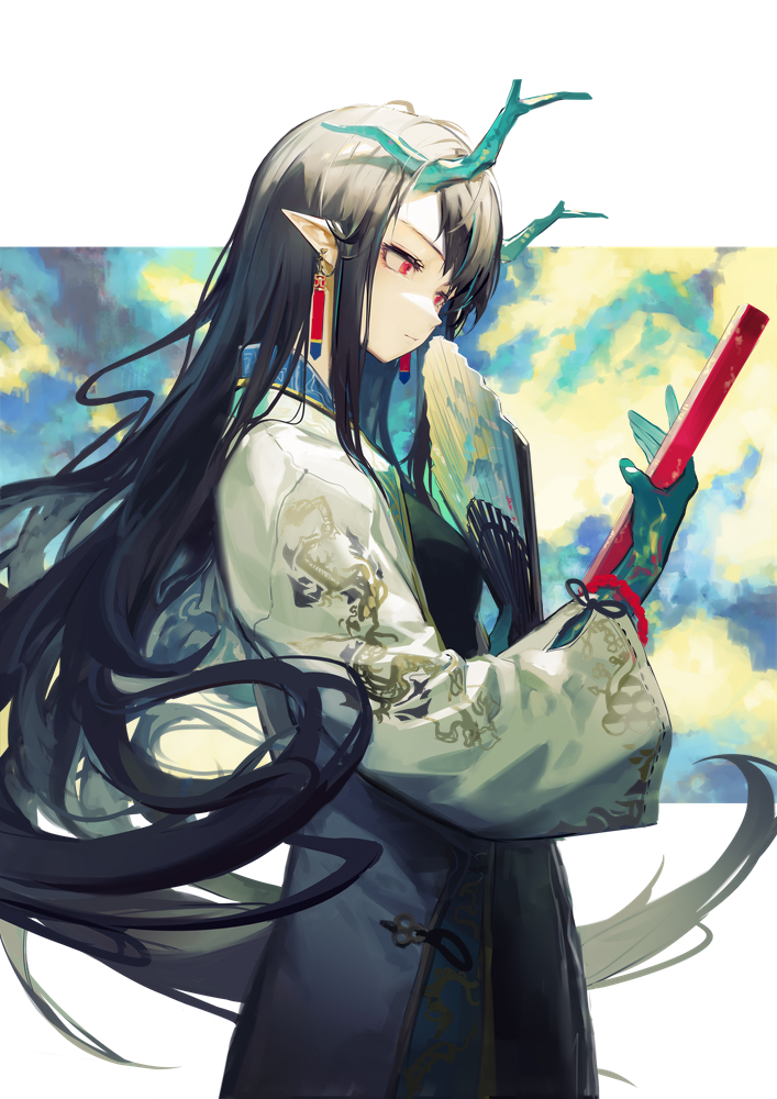 dusk (arknights) 1girl solo black hair jewelry long hair horns pointy ears  illustration images