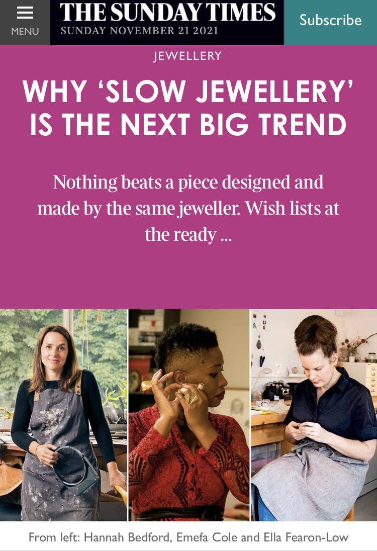 HannahDBedford's tweet photo. Sunday Times Style selected....
Thrilled to be featured as one of six jewellers in Jessica Diamond's @thediamondedit feature about Why 'Slow Jewellery’ is the Next Big Trend in @theststyle . Online today
https://t.co/ww1pSR4lMf https://t.co/0g2g9fQ22C