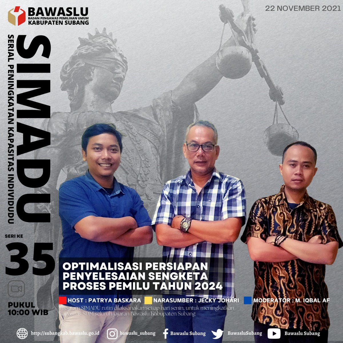 BawasluSubang's tweet photo. #sahabatbawaslu
Kembali lagi dengan Serial Peningkatan Kapasitas Individu (SIMADU) Seri ke-35 dengan Tema "Optimalisasi Persiapan Penyelesaian Sengketa Proses Pemilu tahun 2024" dengan narasumber Kordiv Penyelesaian Sengketa Bawaslu Kab. Subang, Jecky Johari.
#SIMADU https://t.co/09UiFCjX2c