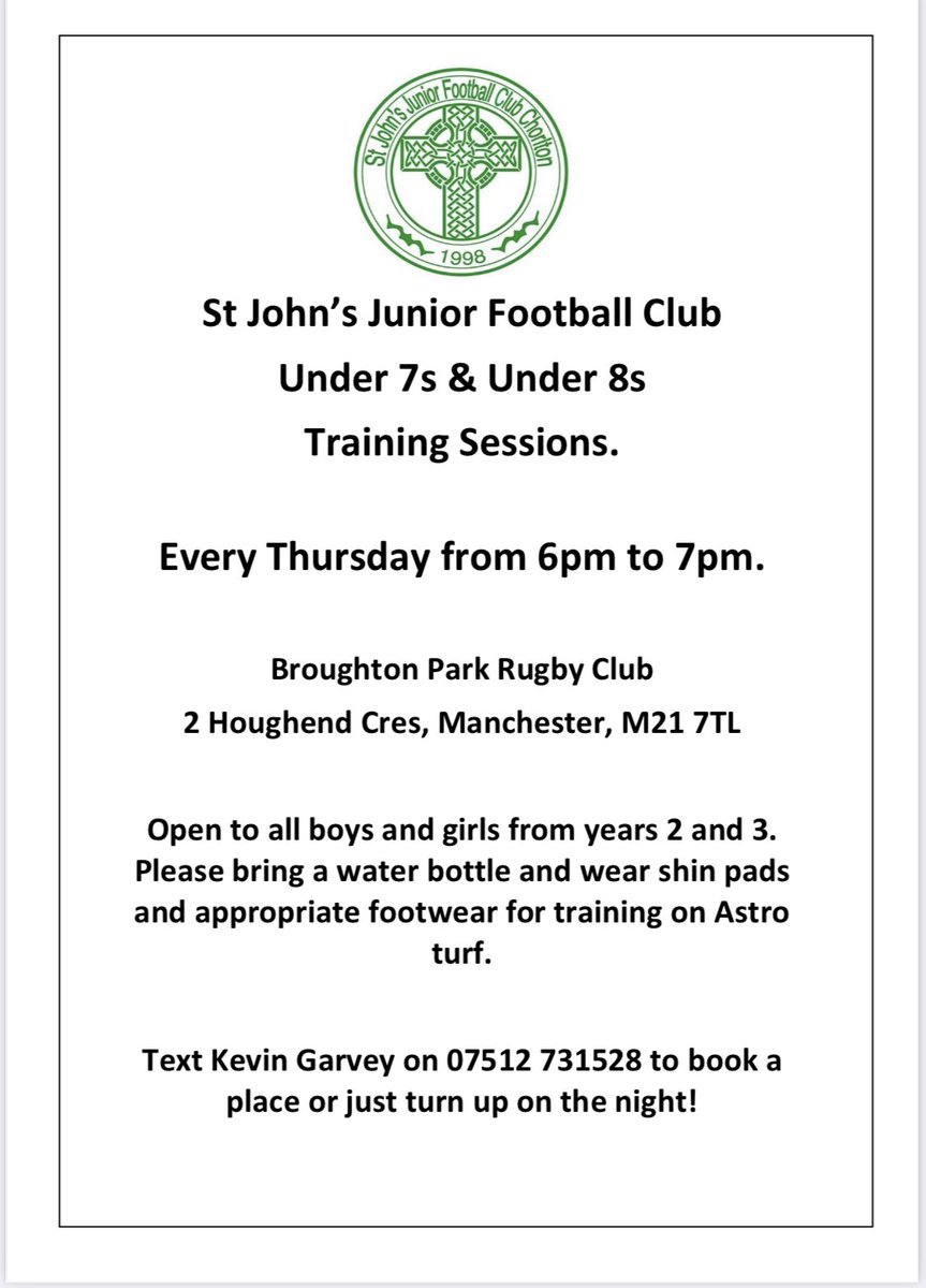 We are looking to get an U7 &amp; U8 team off the ground (yr2 &amp; yr3).  Please see attached for info, all abilities welcome <a href="/Manchester_FA/">Manchester Football Association</a> <a href="/tdjfl/">Timperley & District JFL</a> #chorlton #whalleyrange #stretford <a href="/St_Johns_RC/">St John's RC Primary</a> <a href="/loretochorlton/">Loreto High School</a>