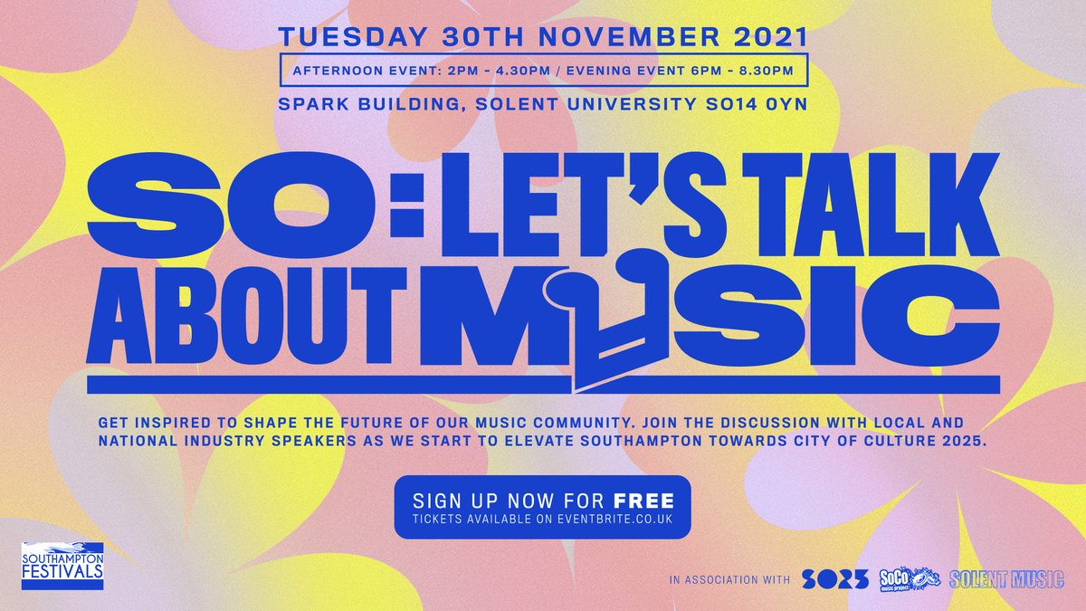 JOIN THE DISCUSSION
Get inspired to shape the future of our local music community, join us on 30th November alongside local and national speakers - how do we build up Southampton's music towards City of Culture @southampton2025

Sign up for a free place:
socomusicproject.org.uk/letstalk