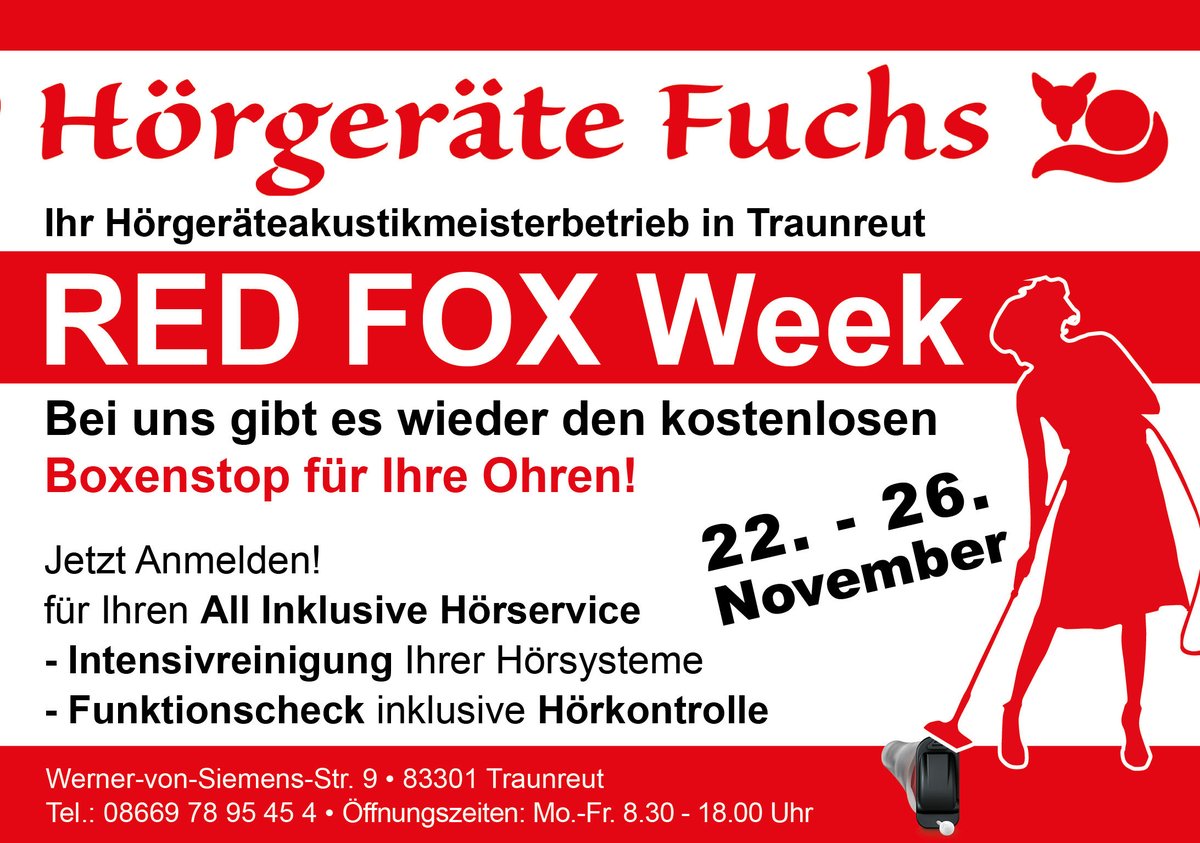 Red Fox Week - 22.-26. November
Bei uns gibt es wieder den kostenlosen Boxenstop für Ihre Ohren!
Jetzt Anmelden!
für Ihren All Inklusive Hörservice