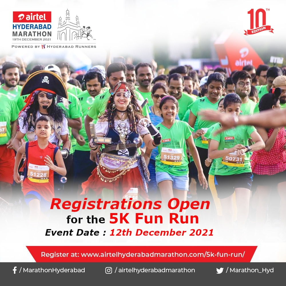 Marathon_Hyd's tweet photo. Bring in the fittest, funnest, fanciest you to the 5K Fun Run.
Register Now: https://t.co/jiqVf3HgeA
#airtelhyderabadmarathon #10thedition #Hyderabadrunners #airtel #airtelhyderabadmarathon2021 #SetThePace #10AndCounting #PhysicalRun https://t.co/D7dNXEZ6oG