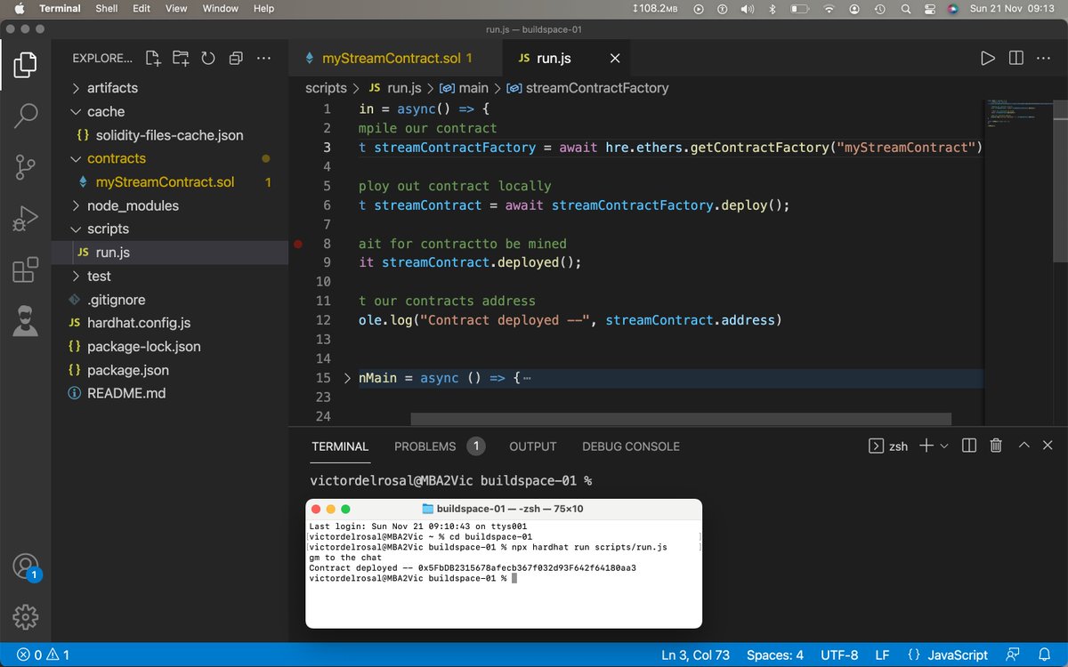 victordelrosal's tweet photo. Deployed my first smart contract (solidity/hardhat) with @_buildspace (build your first web3 dapp on ETH) gm @FarzaTV loved the Twitch stream and thanks @developer_dao @dabit3 for pointing to top notch learning resources! https://t.co/JXpIRL73my