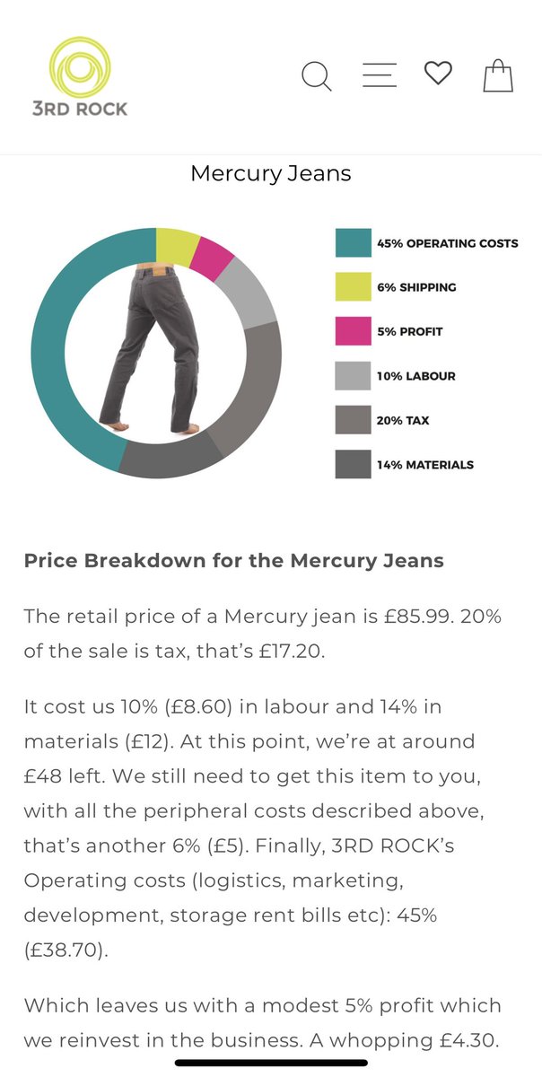 neats29's tweet photo. This is such a cool example of transparency by an ethical clothing brand @3RDROCK. Only 5% profit really shocked me. The software engineer in me immediately wants to make the “45% operating costs” more efficient 🤔 https://t.co/Wl8J52kDoi