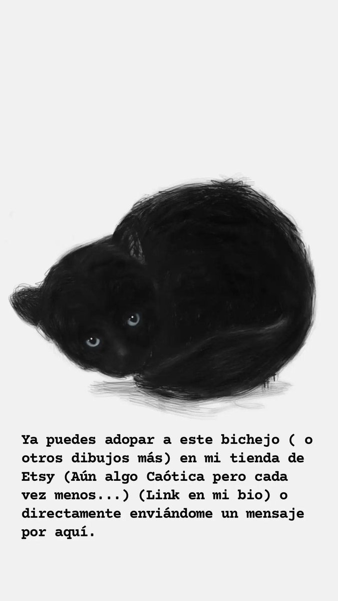 Hi guys. You can just adopt this little cat (and other drawings) in my Etsy shop or send me a message here: etsy.com/es/shop/Susana…
#coolcats #kity #ilustración #printcollector #galiciamaxica #ilustration #cutekitten #loveblackcats #blackcats #darkart #gatos #cat  #blackcatlover