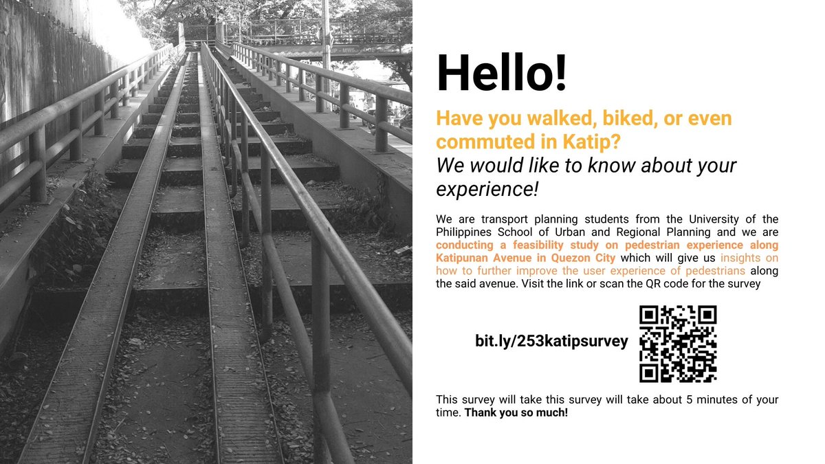 janagreybrielle's tweet photo. Hello friends na nagcocommute, bike, walk, nagwalwal, nalasing at lumandi na sa Katip,,,

Pls help us with our research by answering our survey on pedestrian experience 🥺👉👈

https://t.co/hgG0Q3p56M

Retweeting and sharing it would also help a lot 🥺 Thanks so much! https://t.co/LnkhF69mJV