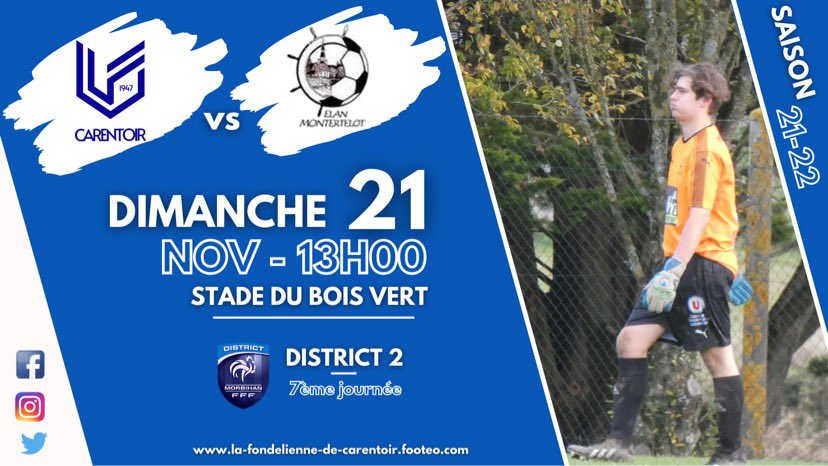 𝘑𝘰𝘶𝘳 𝘥𝘦 𝙈𝘼𝙏𝘾𝙃𝙎 ⚽️

🏆 𝙲𝚑𝚊𝚖𝚙𝚒𝚘𝚗𝚗𝚊𝚝 𝙳𝟷
🆚 Guer B
🏟 Stade du Bois Vert
🕒 15h00

🏆 𝙲𝚑𝚊𝚖𝚙𝚒𝚘𝚗𝚗𝚊𝚝 𝙳𝟸
🆚 Montertelot
🏟 Stade du Bois Vert 
🕒 13h00