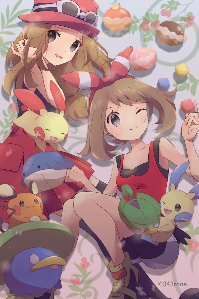 serena (pokemon) 2girls multiple girls pokemon (creature) sleeveless shirt brown hair smile grey eyes  illustration images