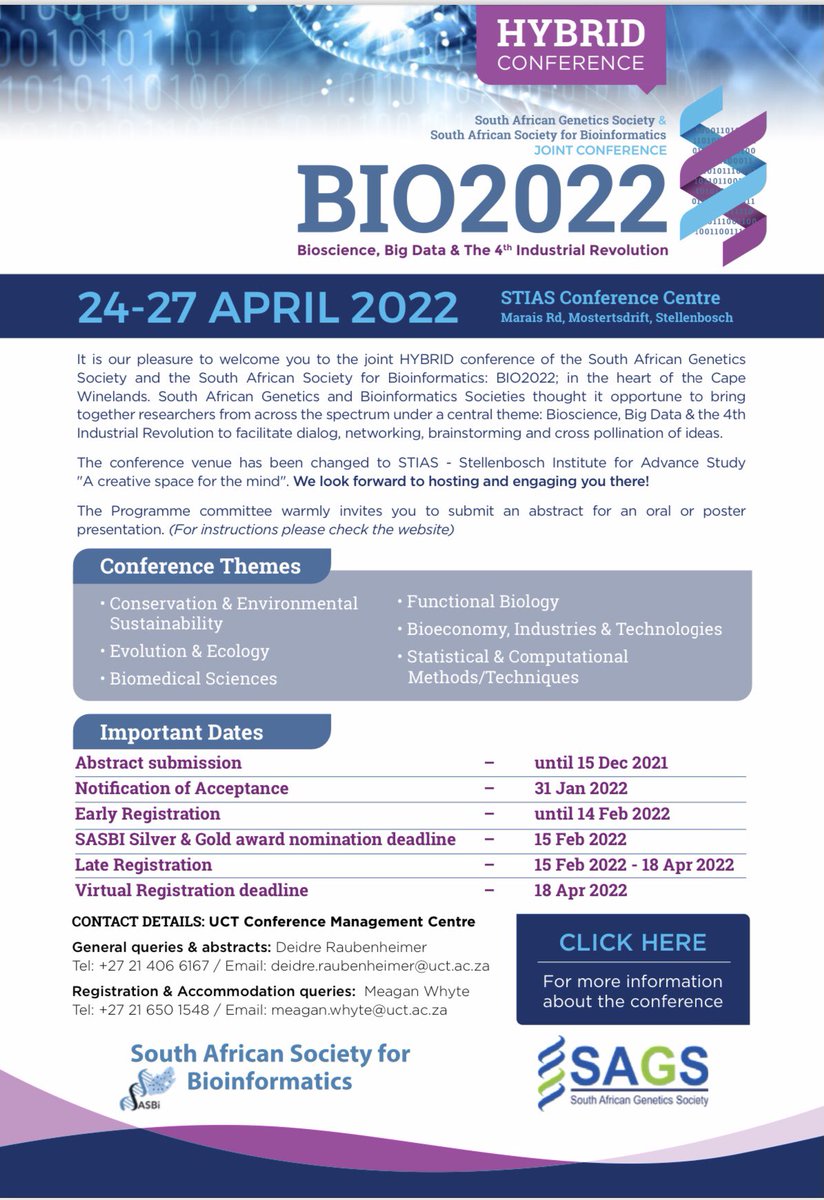 H3ABioNet (@h3abionet) on Twitter photo 🚨Invitation to the biennial <a href="/SASBi_Students/">SASBi Students</a> conference to be held jointly with SAGS in Stellenbosch between the 24th and 27th of April, 2022. 
Registration is open & deadline for abstracts is 15 December 2021.
Link for more information & to register: uctcmc.eventsair.com/south-african-… 🚨Invitation to the biennial <a href="/SASBi_Students/">SASBi Students</a> conference to be held jointly with SAGS in Stellenbosch between the 24th and 27th of April, 2022. 
Registration is open & deadline for abstracts is 15 December 2021.
Link for more information & to register: uctcmc.eventsair.com/south-african-…