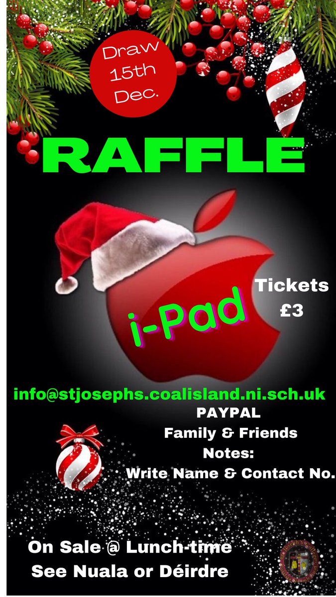 ChristmasRaffle <a href="/StJoesC/">St Joseph's College</a>
#feelinglucky☘ send money to the paypal info@stjosephs.coalisland.ni.sch.uk  or buy at lunch-time - tickets: £3 Thank-you &amp; good luck all! 👍 🎄🎅 
<a href="/nuala1808/">Nuala Gervin Kelly</a>
<a href="/D_Fitz71/">dfitz71</a>  
#learningcentre
#familyandfriends
#rosegold #Christmas2021