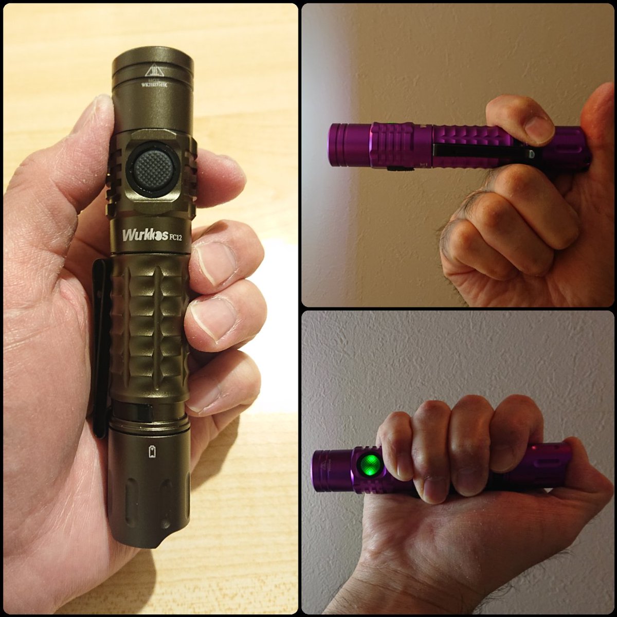 Wurkkos FC12 
Purple &amp; Champagne

onoff→テール
モード切替→サイド
フォワードクリック(テール)
ステップモードと無段階モードの切替可
物理ロックアウト可
フリッカー無し

ボディの角は丸まっていて握っても痛くないです。逆に滑り止めとして働いてくれています。

…続く

#Wurkkos
#FC12