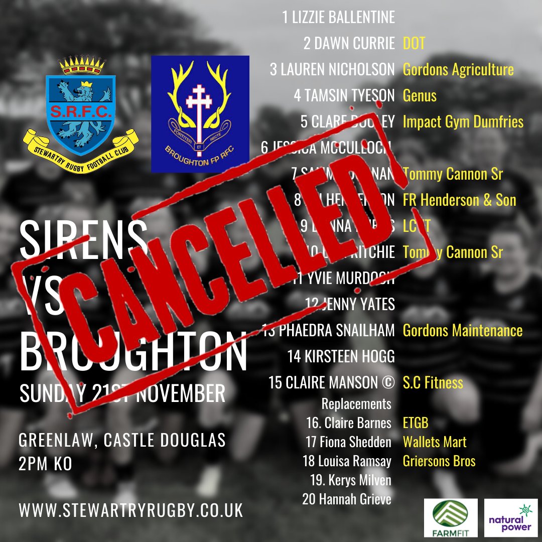 Stewartry Sirens vs @BroughtonRugby has been cancelled 😔 due to covid concerns within the Broughton squad. Wishing everyone well at Broughton and look forward to seeing you later in the season.