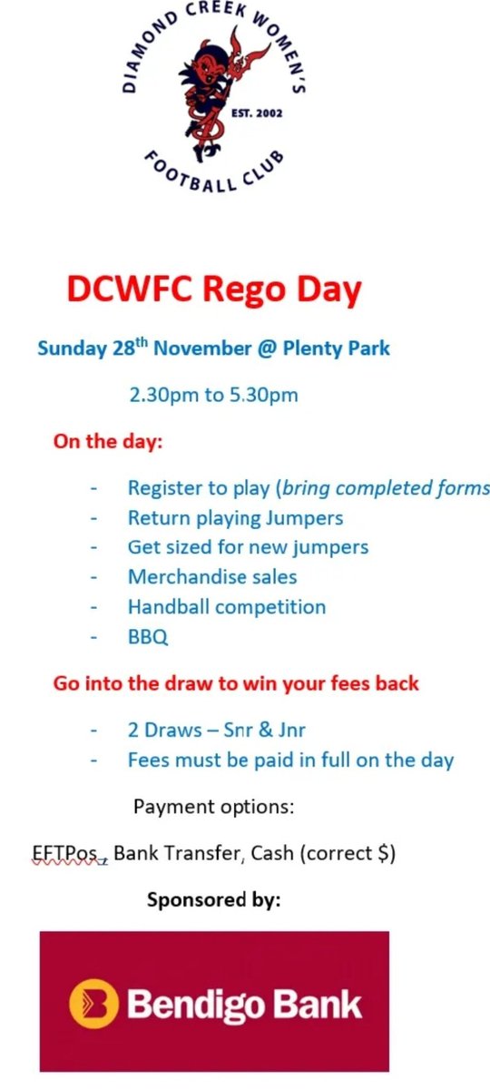 DCWFC Rego Day

Forms: dcwfc.com.au/registration/

Enquiries: 
Ruth Bailey secretary@dcwfc.com.au M: 0438051887
Karyn Tait registrations@dcwfc.com.au M: 0419356413