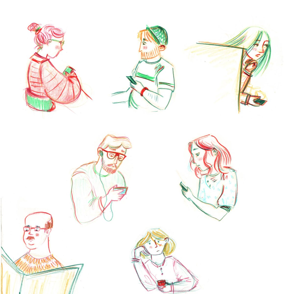 inkyland's tweet photo. coffee shop people. I am seriously overdosing on coffee trying to make the most out of the last days of open coffee shops and people drawing! #coloredpencil #drawing #sketchbook https://t.co/3xmD9bo04D