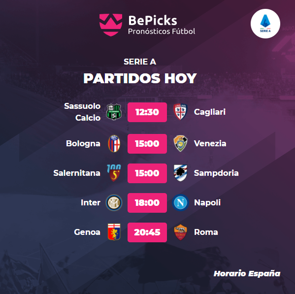 BePicks_Es's tweet photo. #Horarios de este #domingo en la #SerieA 🏆⚽🔥!
⚽#SassuoloCagliari
⚽#BolognaVenezia
⚽#SalernitanaSampdoria
⚽#InterNapoli
⚽#GenoaRoma
Aprovecha cualquiera de estos #partidos para dejar tu #pick y ganar premios por tus conocimientos sobre fútbol.  
https://t.co/IdhwebBvk4 https://t.co/7lete7TaZE