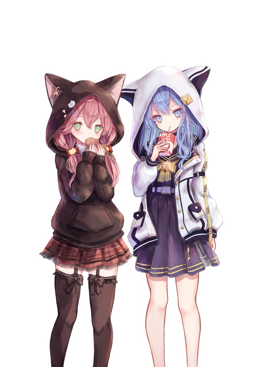 hoshimachi suisei ,sakura miko multiple girls 2girls hood hood up blue hair pink hair juice box  illustration images