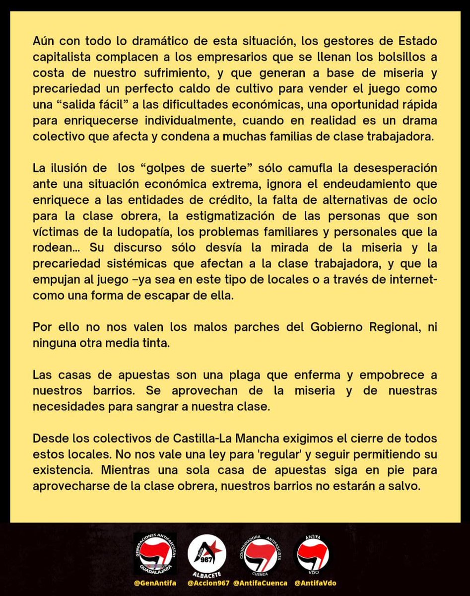 AntifaVdo's tweet photo. ➡️ Nuestra región es de las que presenta mayor densidad de casas de apuestas de todo el Estado español.

➡️ Debemos organizarnos contra este negocio criminal que supone la ruina de la clase obrera, especialmente de la juventud trabajadora, con la complicidad de las instituciones. https://t.co/Y0KCTMGMiw