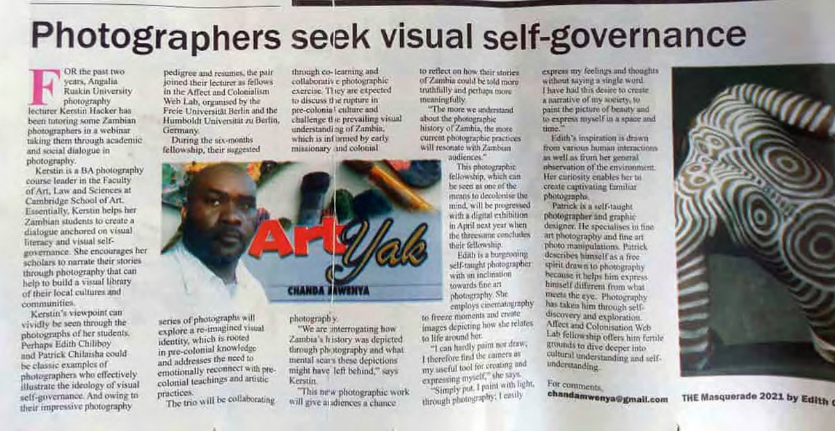 jonas_bens's tweet photo. Our new #AffectandColonialism digital fellows @fotokerstin, @patrickchilz1, and Edith Chiliboy "challenge the prevailing visual understanding of #Zambia informed by ... #colonial #photography". Great feature @zambiadailymail. We're honored to have you: https://t.co/DsIwP6Fnm4 https://t.co/Ug8L4BXwXQ
