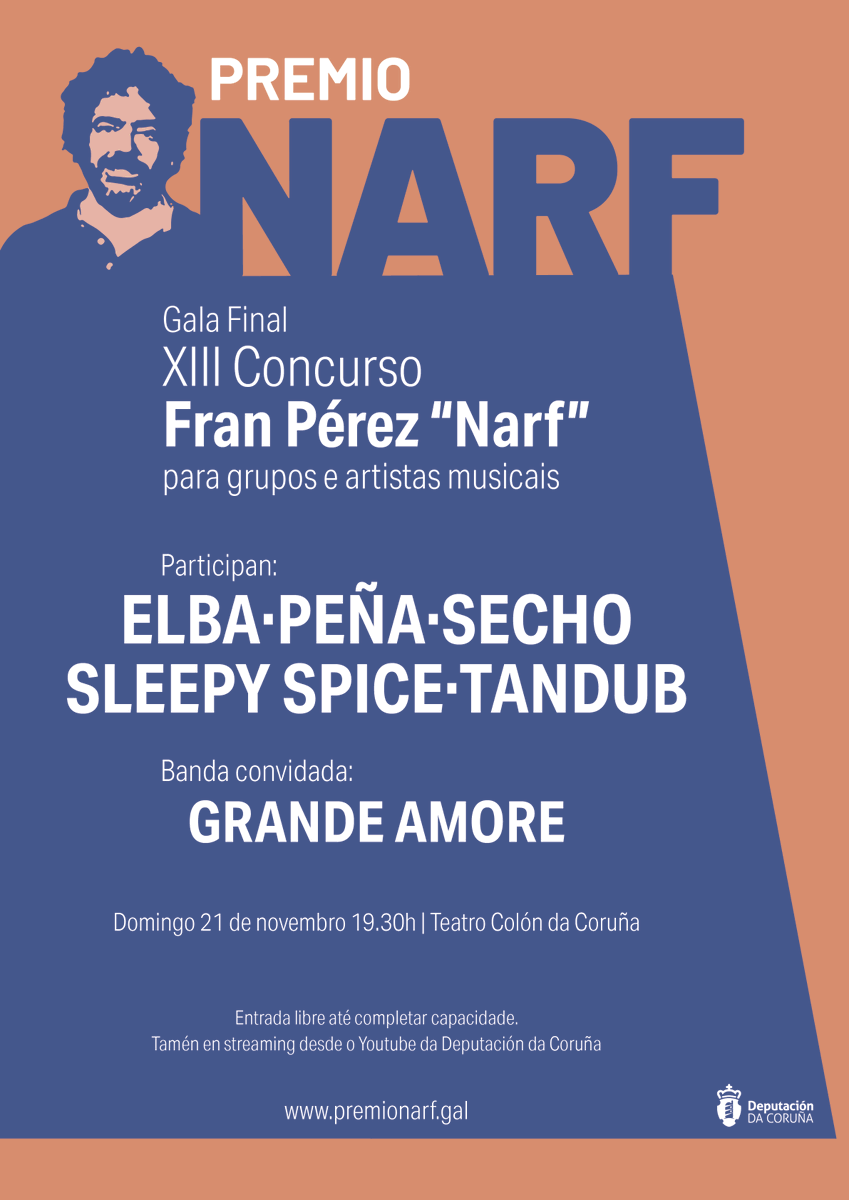 KomunikaKultura's tweet photo. Chegou o día! A gala final do #PremioNarf terá lugar esta noitiña no @TColonCoruna con #SleepySpice, #Peña, #Secho, #Elba e #TanDub. E @Grande_Amore_OG como banda convidada! A entrada é libre!
Podes seguila por streaming desde aquí: https://t.co/bUh6hXwBeg https://t.co/64nW3MlYyM