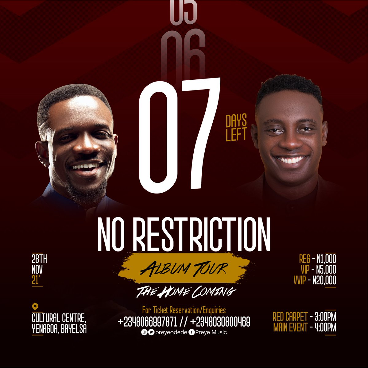 preyeodede's tweet image. In 7 days... 🙌🏾🙌🏾🙌🏾
Glory to God 🙏🏾
.
Get your tickets Tellerafrica 
.
Have you pre ordered the NO RESTRICTION album yet ? 
.
Link below🙏🏾
.
itunes.apple.com/album/id/15944…
.
#preyeodedeministries #preyeodede #scriptplanetglobal #scriptmusic #norestriction #albumtour