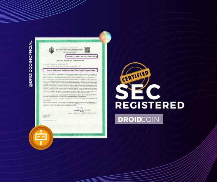 wearedrdc's tweet photo. Philippines Securities and Exchange Commission (SEC) registered! 

Our registration is a clear manifestation that we would like to establish a legitimate business and cooperate with the Regulators for the existing and future regulatory developments.
 #droidcoin #tamadroid #bsc https://t.co/MKA7Hb7qAr