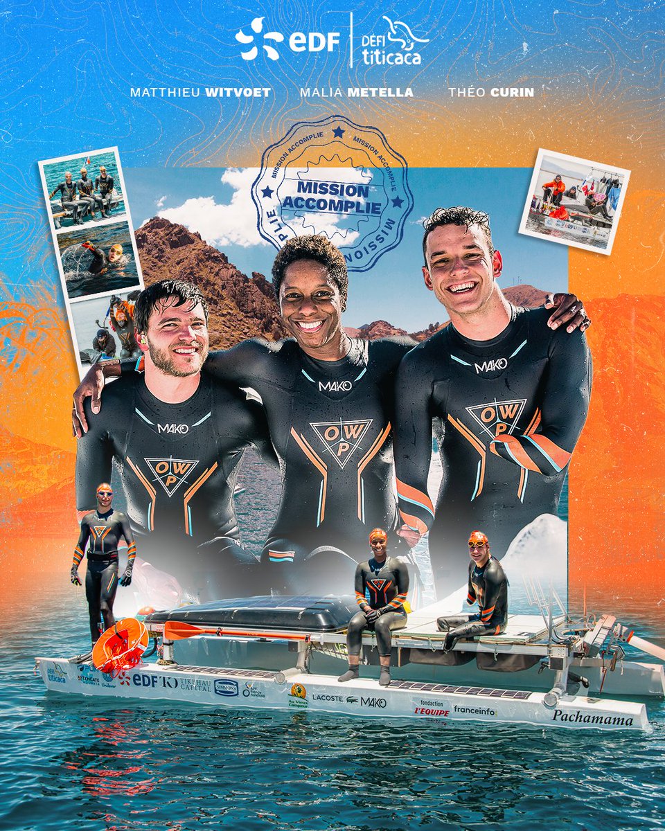 ⚡ Défi réussi ⚡
Traverser à la nage le lac Titicaca en totale autonomie tout en tractant un radeau de plus de 450kg conçu par <a href="/EDFofficiel/">EDF</a>, c’est mission accomplie pour <a href="/TCurin/">Theo Curin</a> du Team EDF, <a href="/MaliaMetella/">MaliaMetella - oly</a> et <a href="/MatthieuWitvoet/">MatthieuWitvoet</a> ✅👏 #EnergieduSport