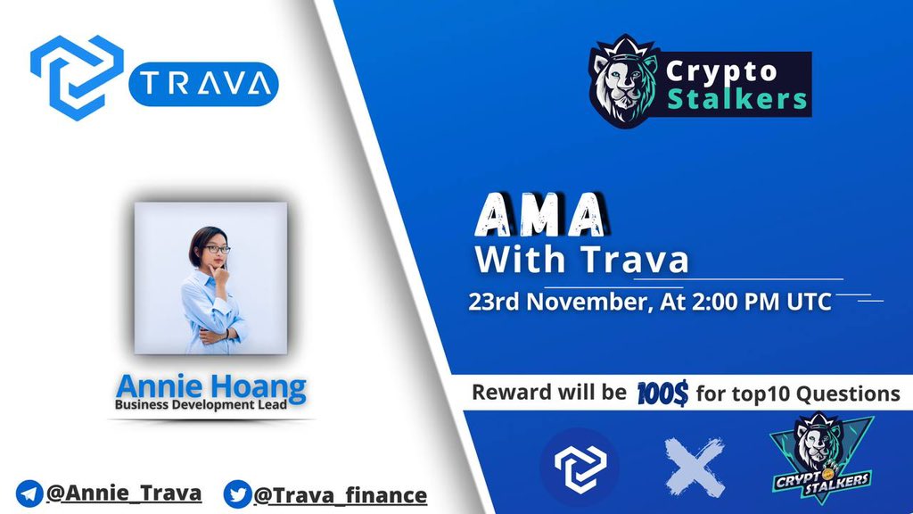 Zain_Onchain's tweet photo. 📢 We're thrilled to announce our next #AMA with @trava_finance on 23rd Nov at 2:00 PM UTC

💰 Reward Pool: 100$
📍 Venue: https://t.co/4koyOUms1v
〽️ Rules:
✅ Follow @StalkersCrypto &amp; @trava_finance 
✅ Like &amp; Retweet
✅ Comment Questions &amp; Tag 3 Friends with BEP20 address https://t.co/7tNmbZ2AlA